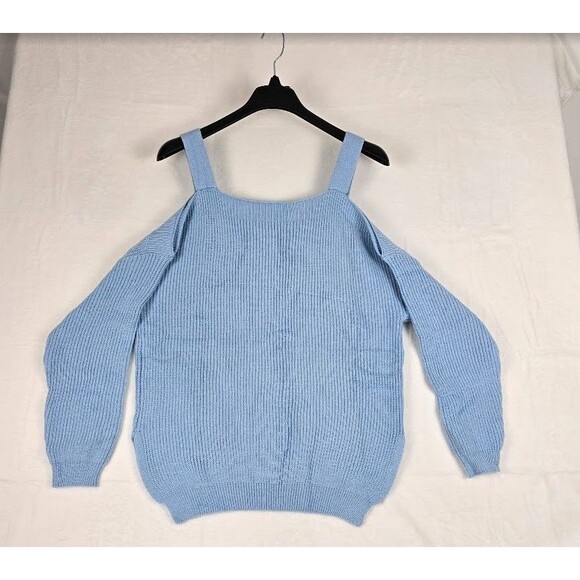 Cold Shoulder Rib Knit Sweater Women Small Blue Viscose Blend Strap Pullover - Picture 2 of 10